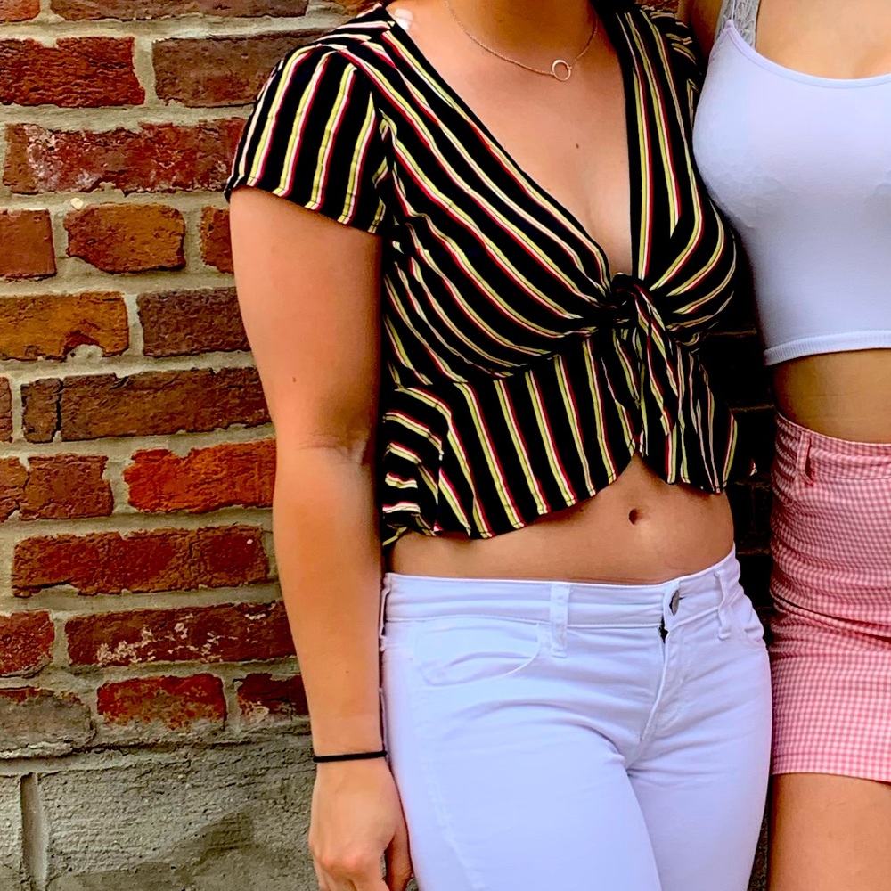 Tie Front Navy Striped Crop Top